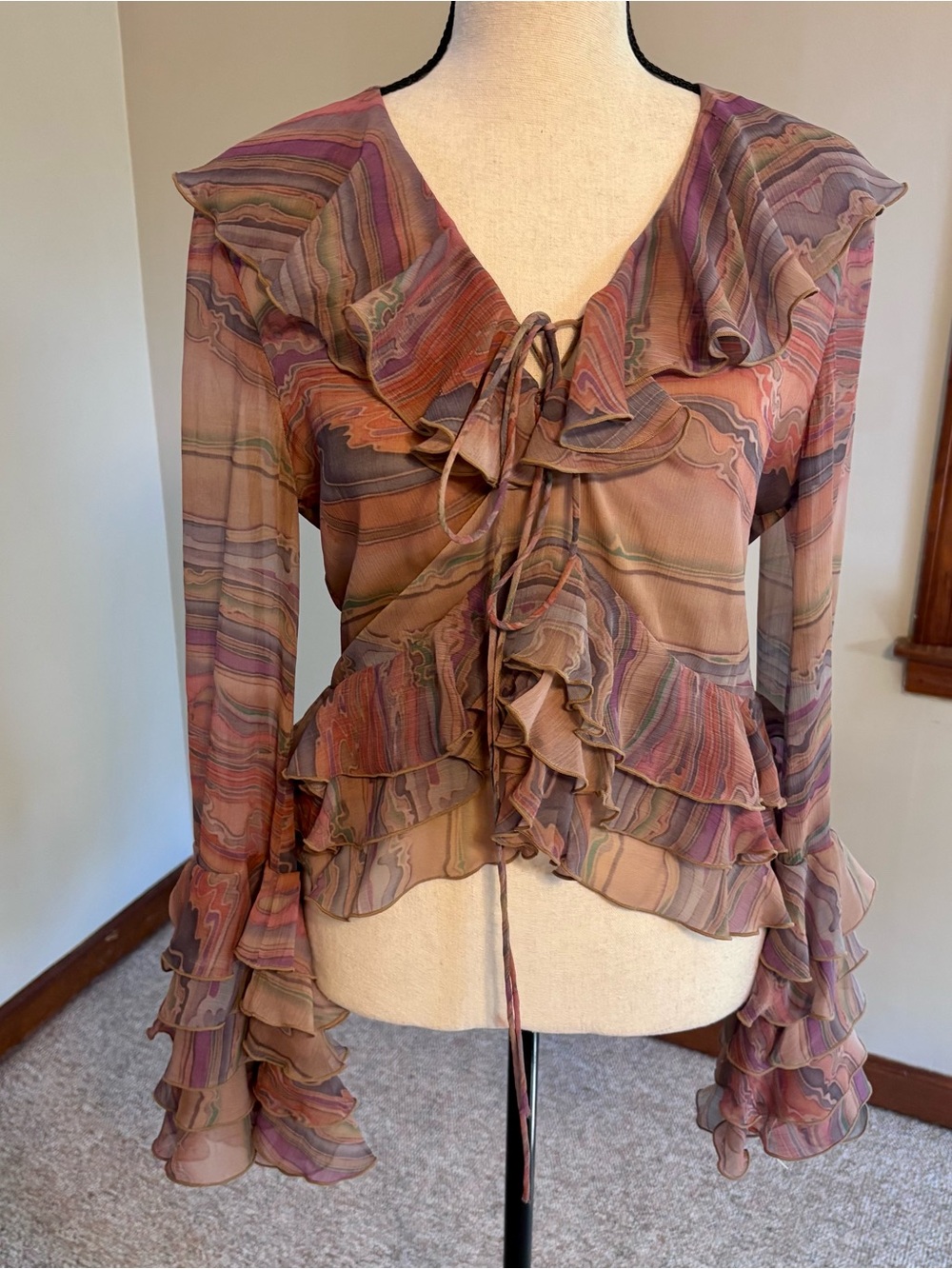 Ronny Kobo Collection Bohemian Mauve Multi-Stripe Ruffle Tie-Front Blouse Small
